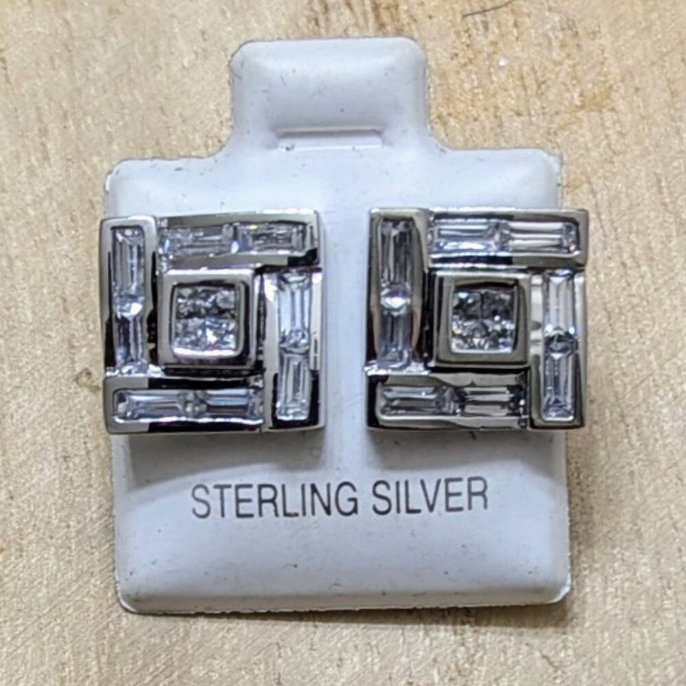 🆕.925 STERLING SILVER SQUARE BAGUETTE CLUSTER CUBIC ZIRCONIA STUD EARRINGS